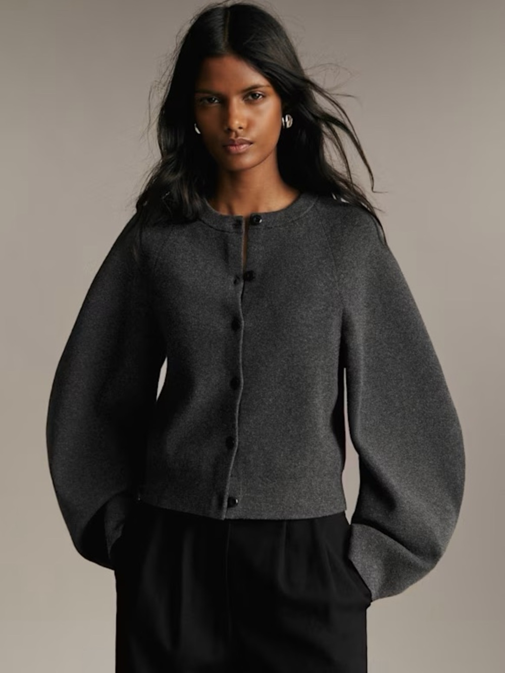 Sezane ANNE CARDIGAN Large Mottled Charcoal Grey NWT